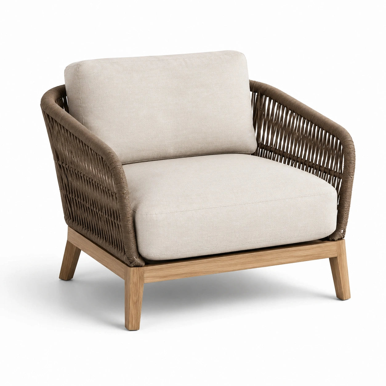 Fauteuil en bois et corde avec coussins polyester beige