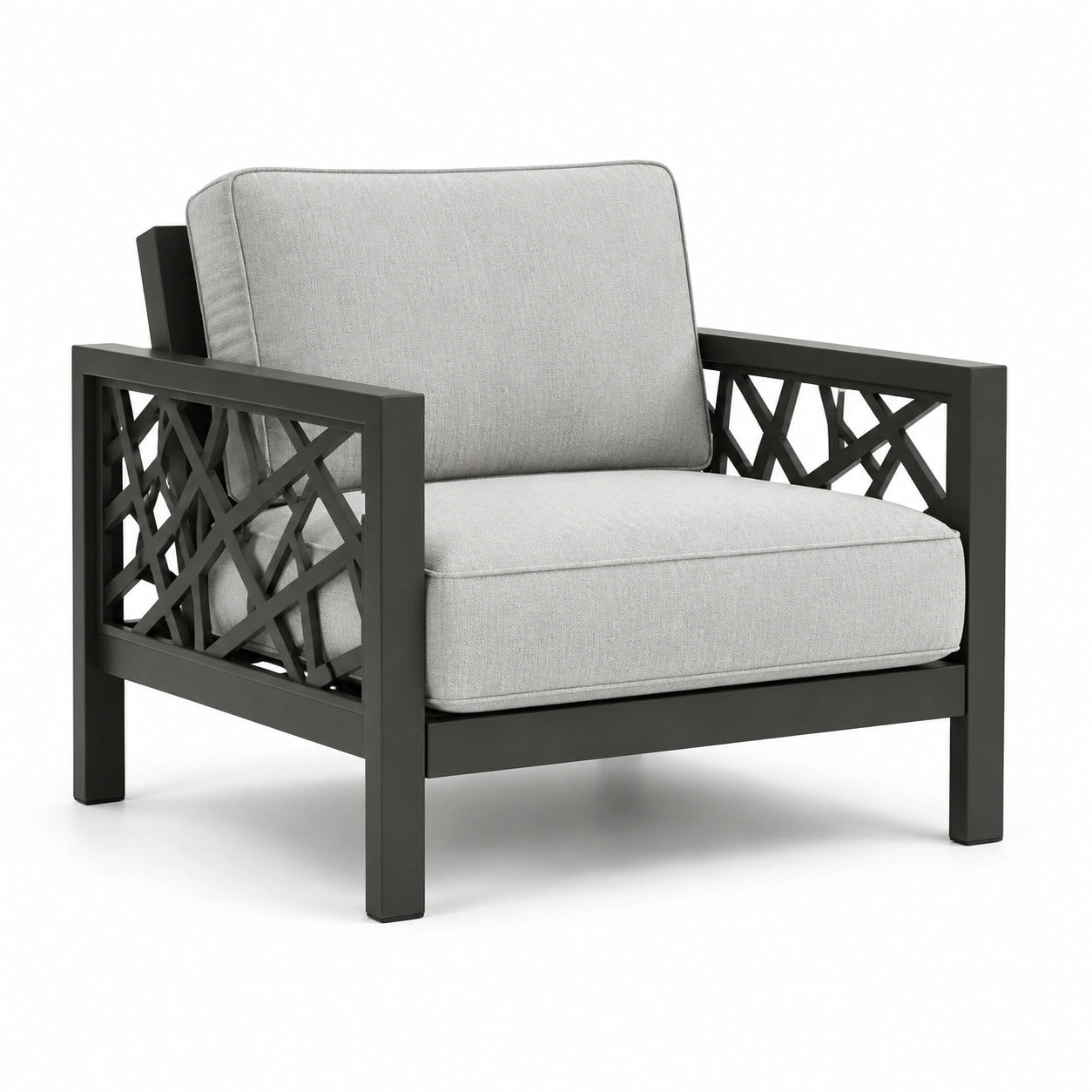 Fauteuil de jardin en métal avec coussins en tissu gris