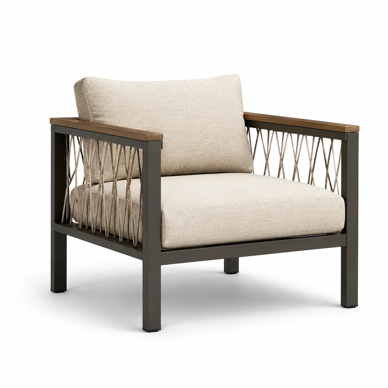 Fauteuil de jardin en aluminium avec coussins en tissu polyester beige et accoudoirs en bois