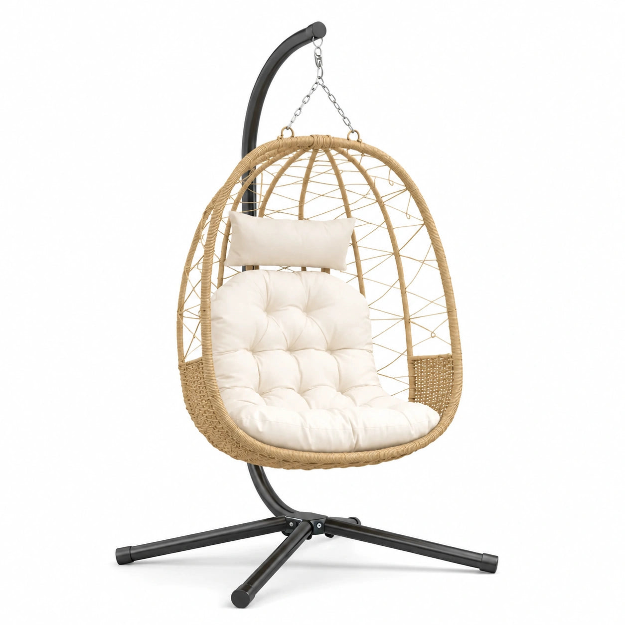 Fauteuil suspendu en acier et résine avec coussin beige