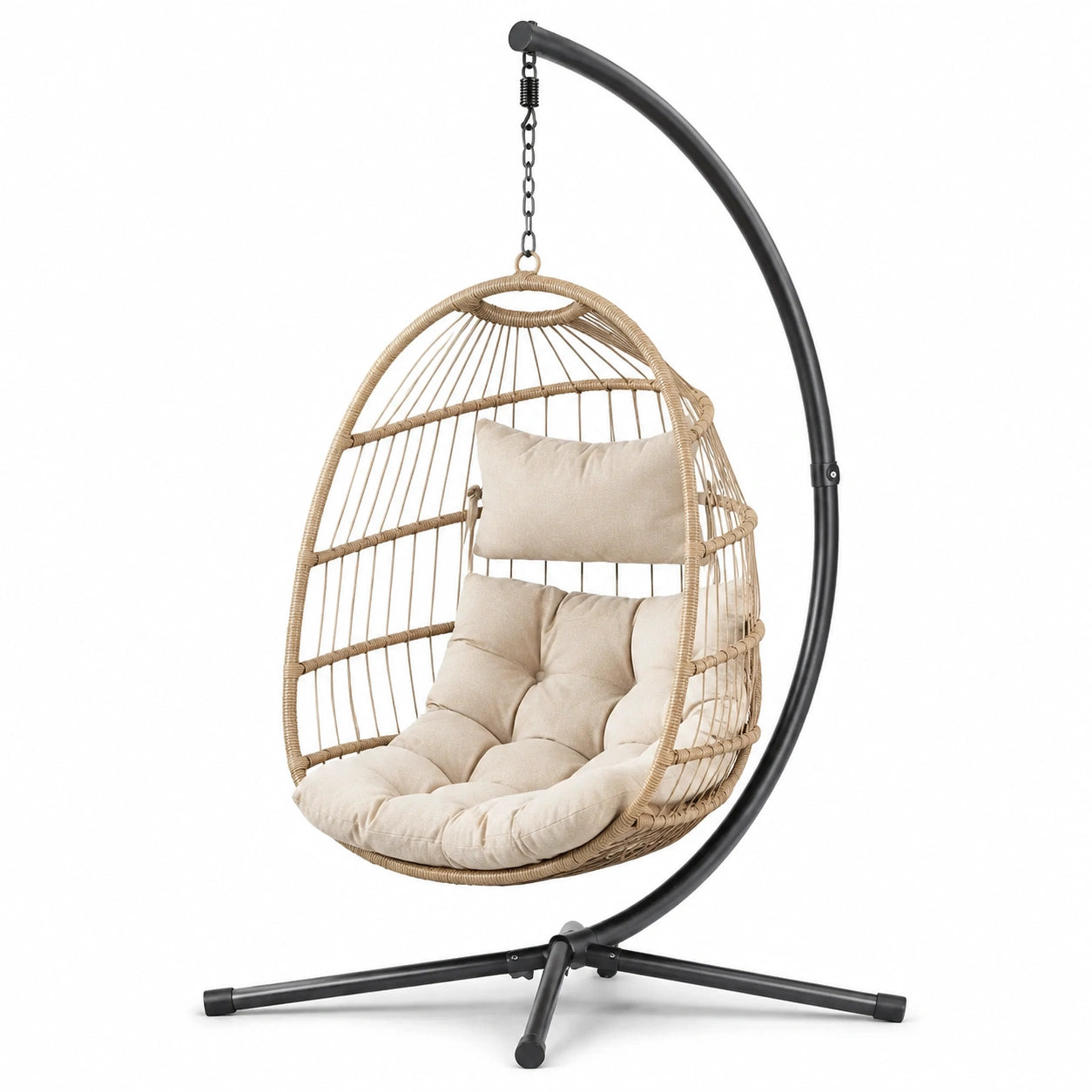 Fauteuil suspendu en rotin avec structure en métal et coussins beiges