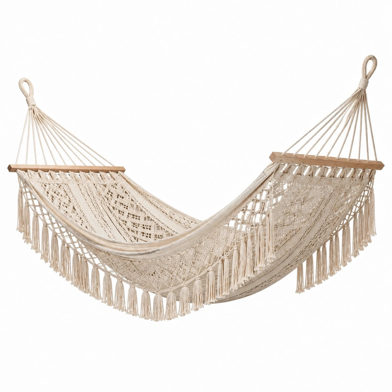 Hamac en coton avec barres en bois et franges, crème, 200 cm