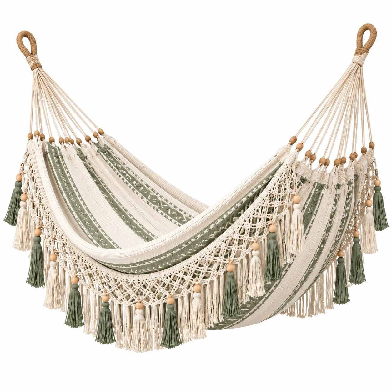 Hamac en Coton avec Détails en Macramé Vert et Beige