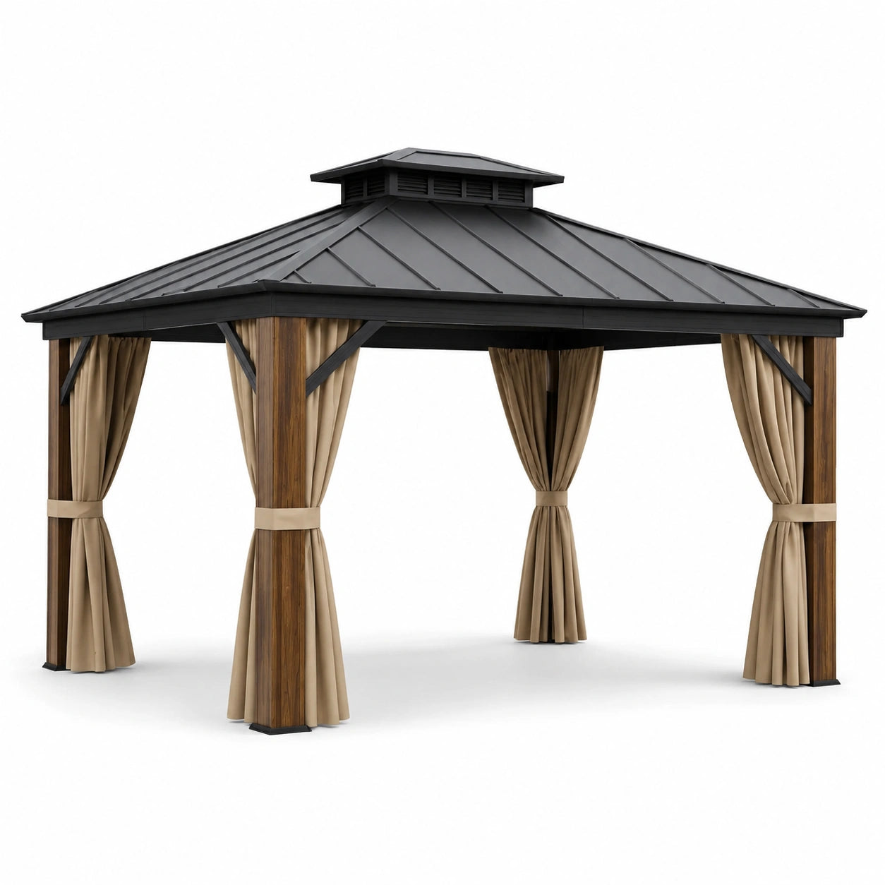 Pavillon en bois et aluminium avec toit en acier, rideaux en polyester beige/noir 3x4 m