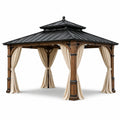 Pavillon de jardin en bois et métal avec rideaux en polyester beige