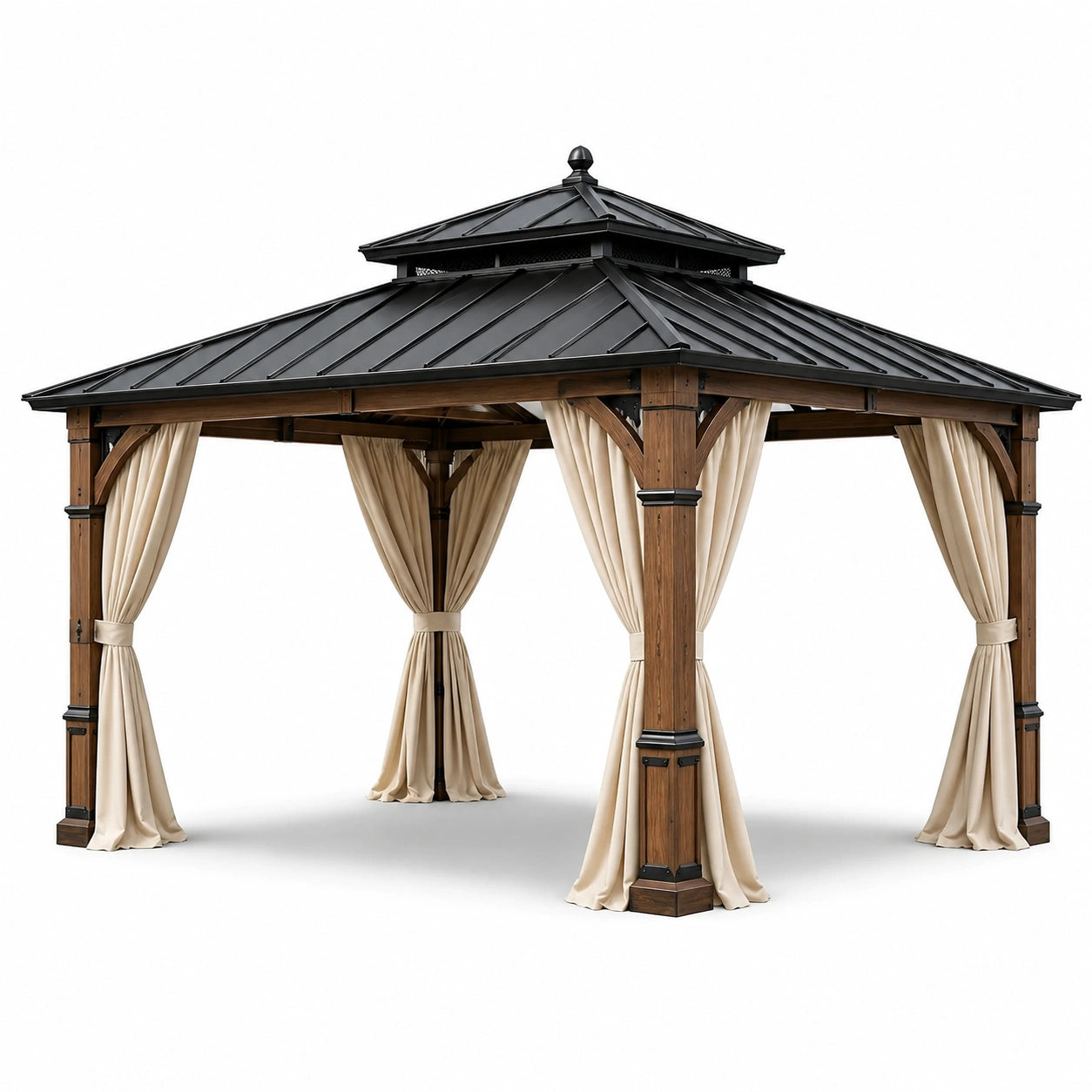 Pavillon de jardin en bois et métal avec rideaux en polyester beige