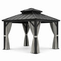 Pavillon de jardin en aluminium avec toit en acier et rideaux en polyester noir et gris