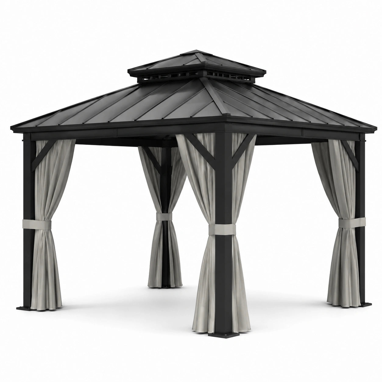 Pavillon de jardin en aluminium avec toit en acier et rideaux en polyester noir et gris