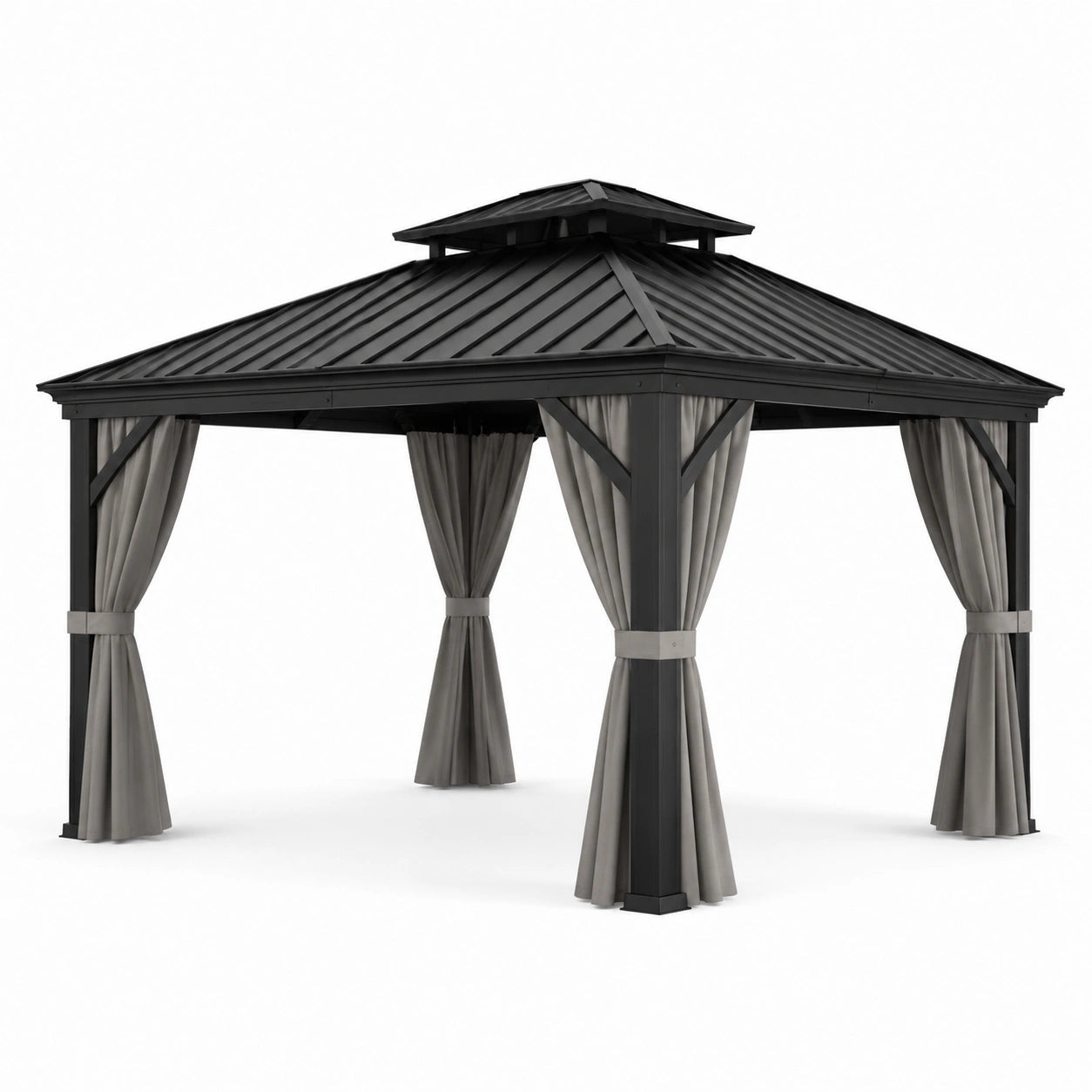 Tonnelle en aluminium avec toit en acier et rideaux en polyester 3x4 m