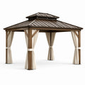 Pavillon de jardin en bois avec rideaux en polyester 3x3 m marron/beige