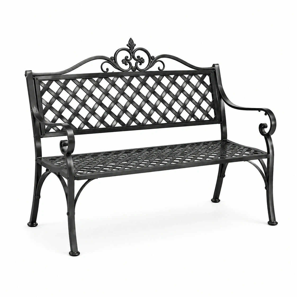 Banc de jardin en métal noir avec motifs décoratifs