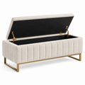 Banc de rangement en tissu polyester avec cadre en métal doré beige
