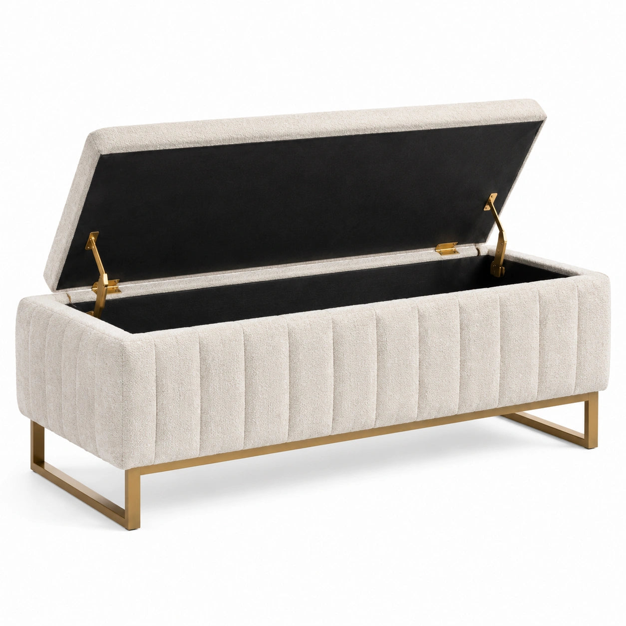 Banc de rangement en tissu polyester avec cadre en métal doré beige