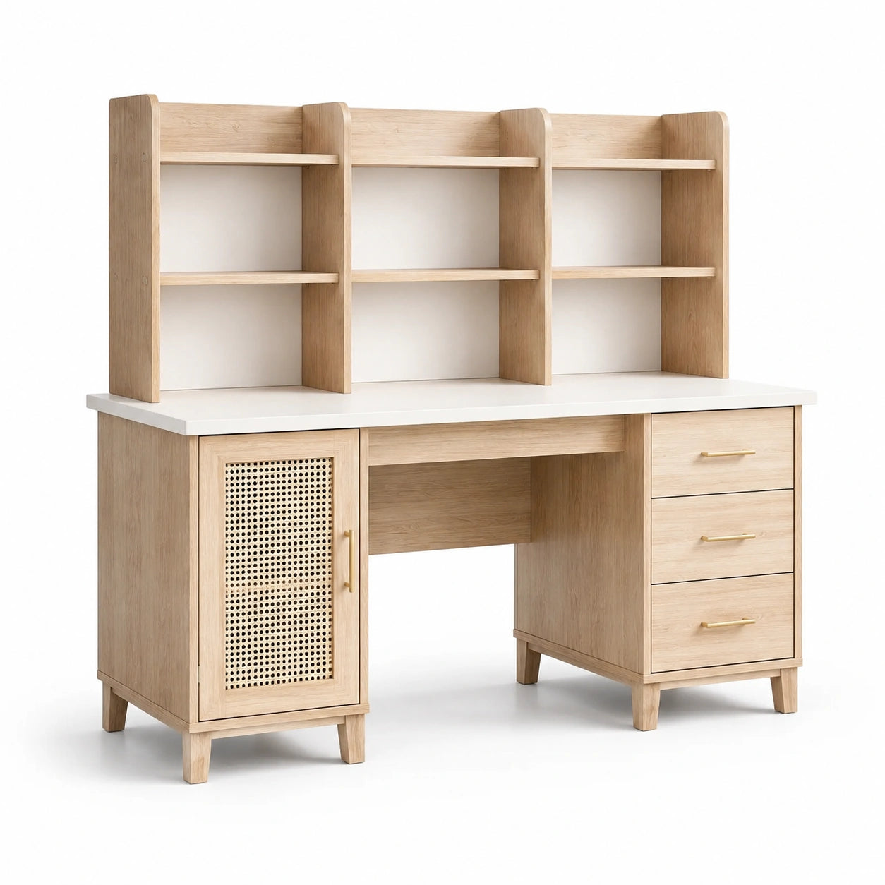 Bureau en bois de chêne avec étagères et tiroirs