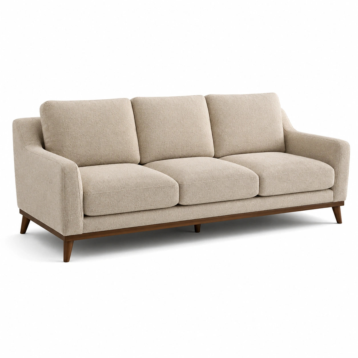 Canapé 3 places en tissu beige avec pieds en bois