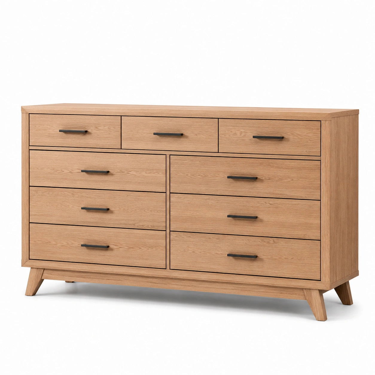 Commode en bois de chêne clair avec poignées en métal noir