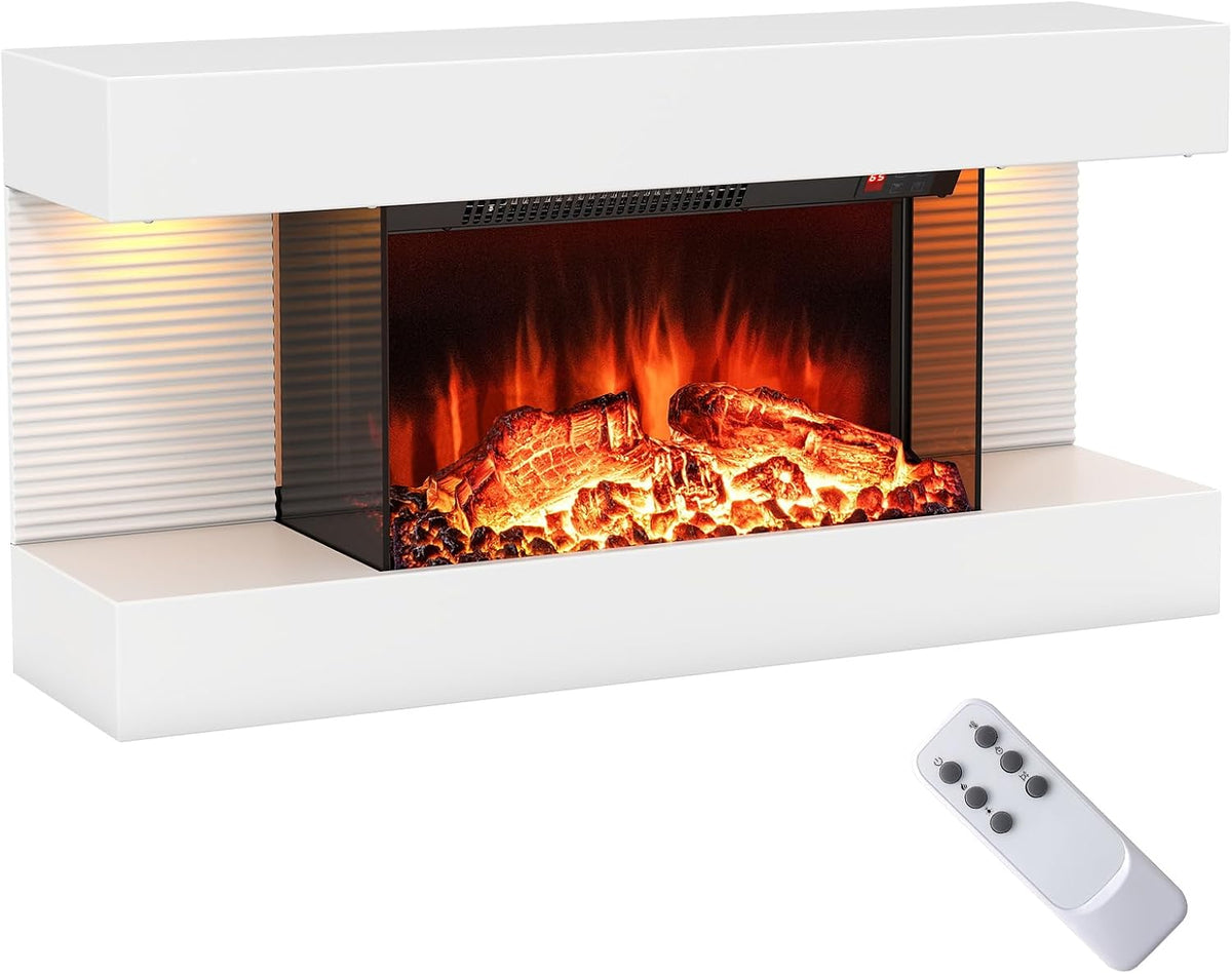 COSTWAY cheminée électrique, 750 W/1500 W, 220 V-240 V, 750 W, 1500 W, Métal, Verre Trempé, Blanc, Murale 3 Côtés à Manteau Flottant