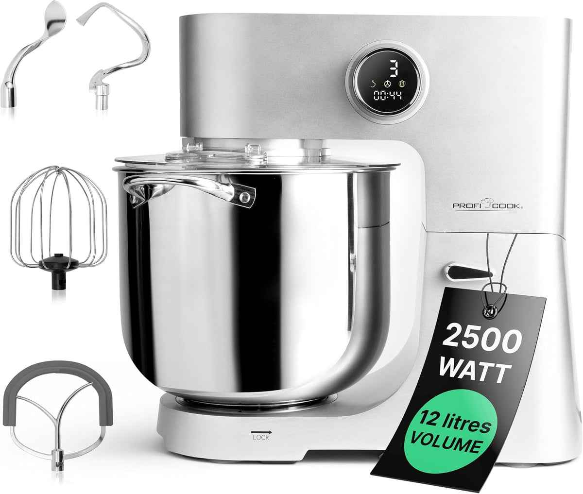 Profi Cook robot de cuisine, 12 L, 2500 W, 8,5 kg, Noir, avec bol XXL, Pétrin avec moteur Longlife Pro, Boîte de vitesses en métal et écran LED