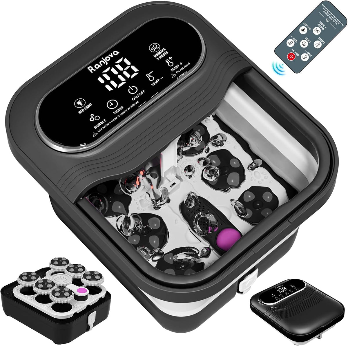 ranjova appareil de massage des pieds, Noir, Massage rotatif électrique pliable pour les pieds, bain de pieds avec télécommande