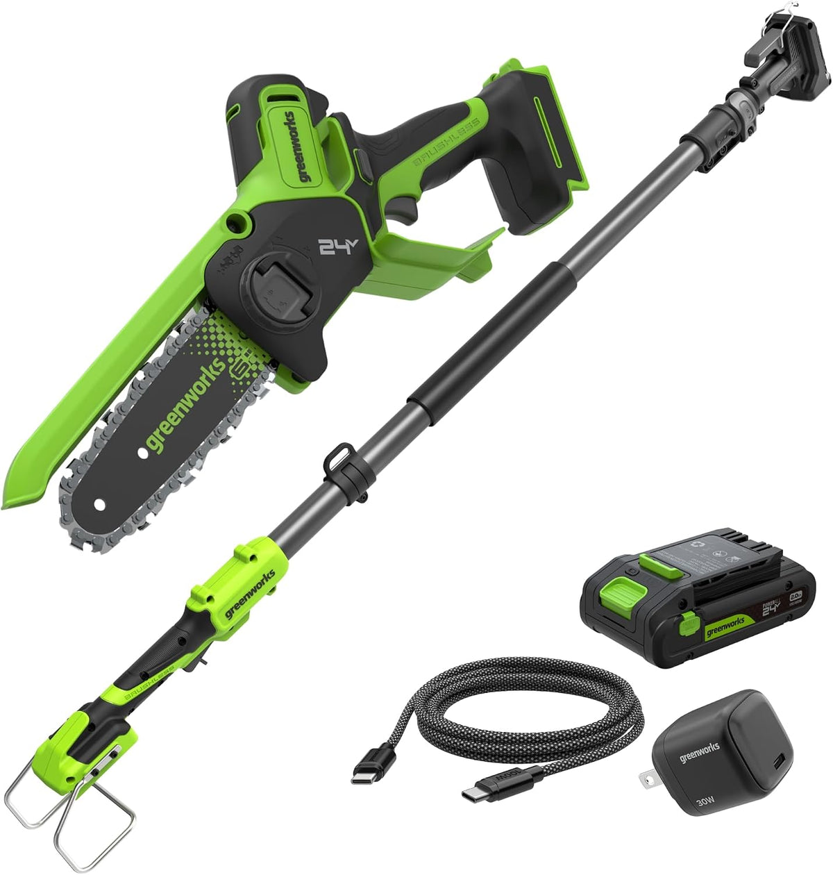 Greenworks tronçonneuse, 24 V, 15 cm, 7,8 m, 2 Ah, 30 W, Noir, Mini 2-en-1 sans balais, sans fil /6in, vitesse de coupe /s
