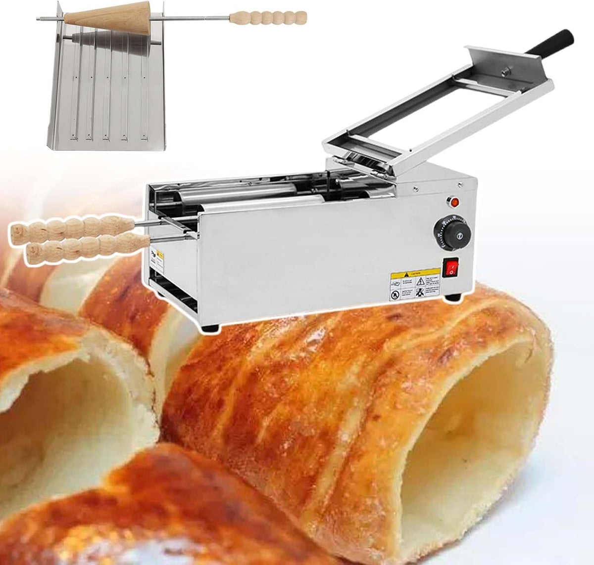 HCAUYNN sorbetière, 460 x 240 x 210 mm, 1600 W, Acier inoxydable + bois, Argenté, Machine à Cornets De Glace Kurtos Kalacs