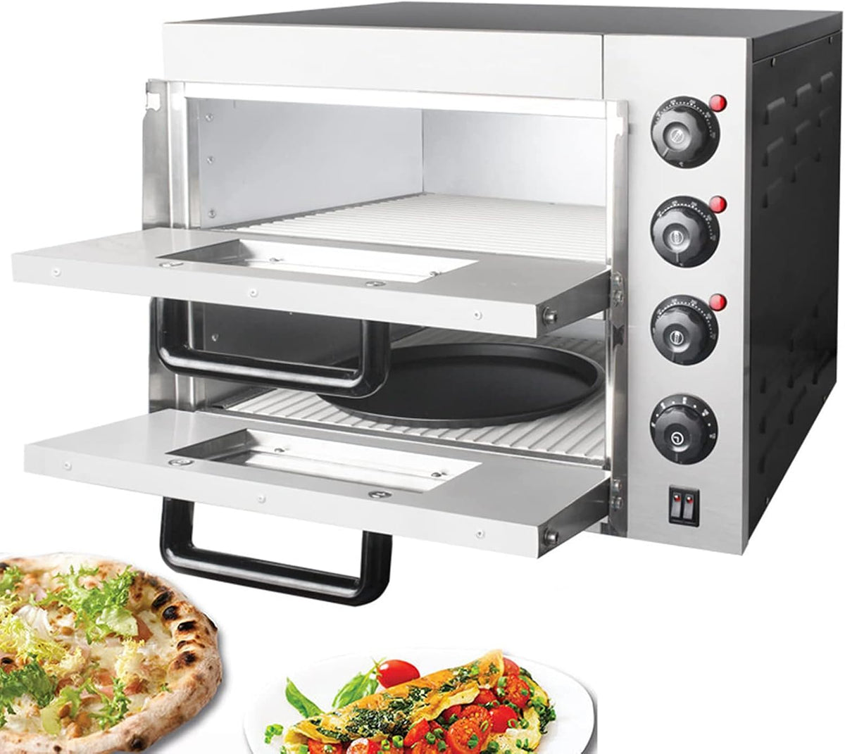 Fitlin four à pizza, acier inoxydable, Noir/Argenté, de comptoir avec minuterie, four grille-pain à tiroir à pizza à deux étages