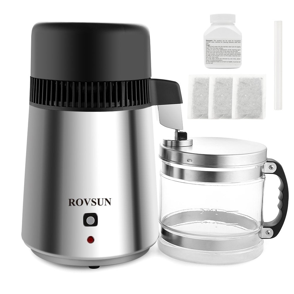 ROVSUN Purificateurs d'eau, 4 L, 750 W, 1 l, Argenté, filtre purificateur d'eau pure, machine à eau distillée avec récipient en verre