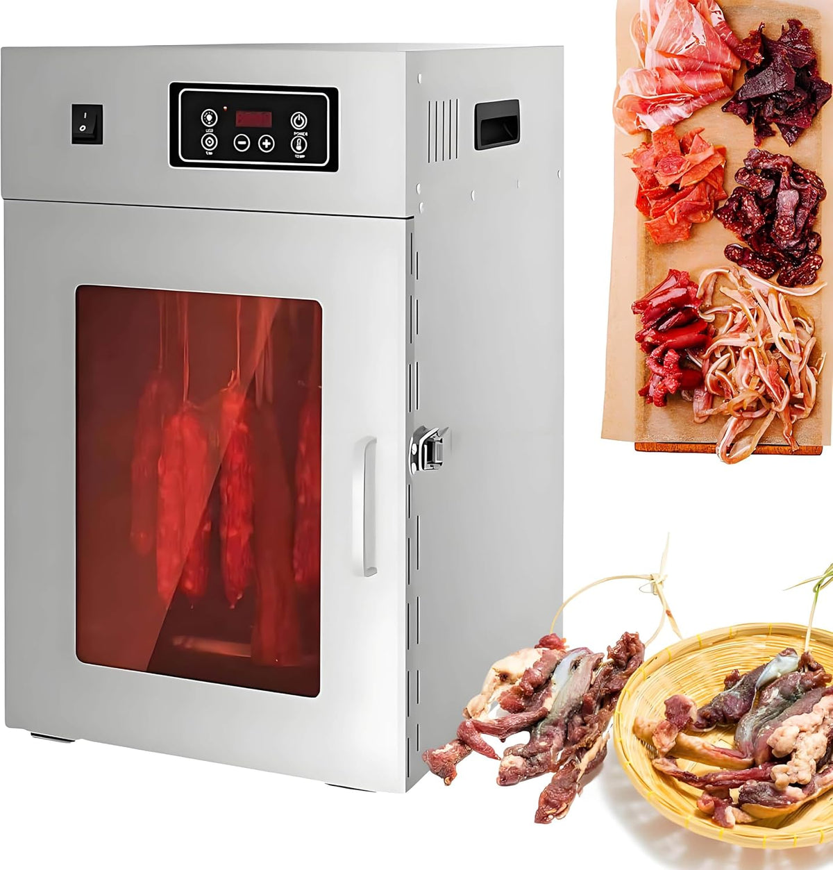GSHSHOU déshydrateur alimentaire, 340 x 400 x 555 mm, 800 W, 220 V, Acier inoxydable, Argenté, Déshydrateur de Viande avec Commande Numérique