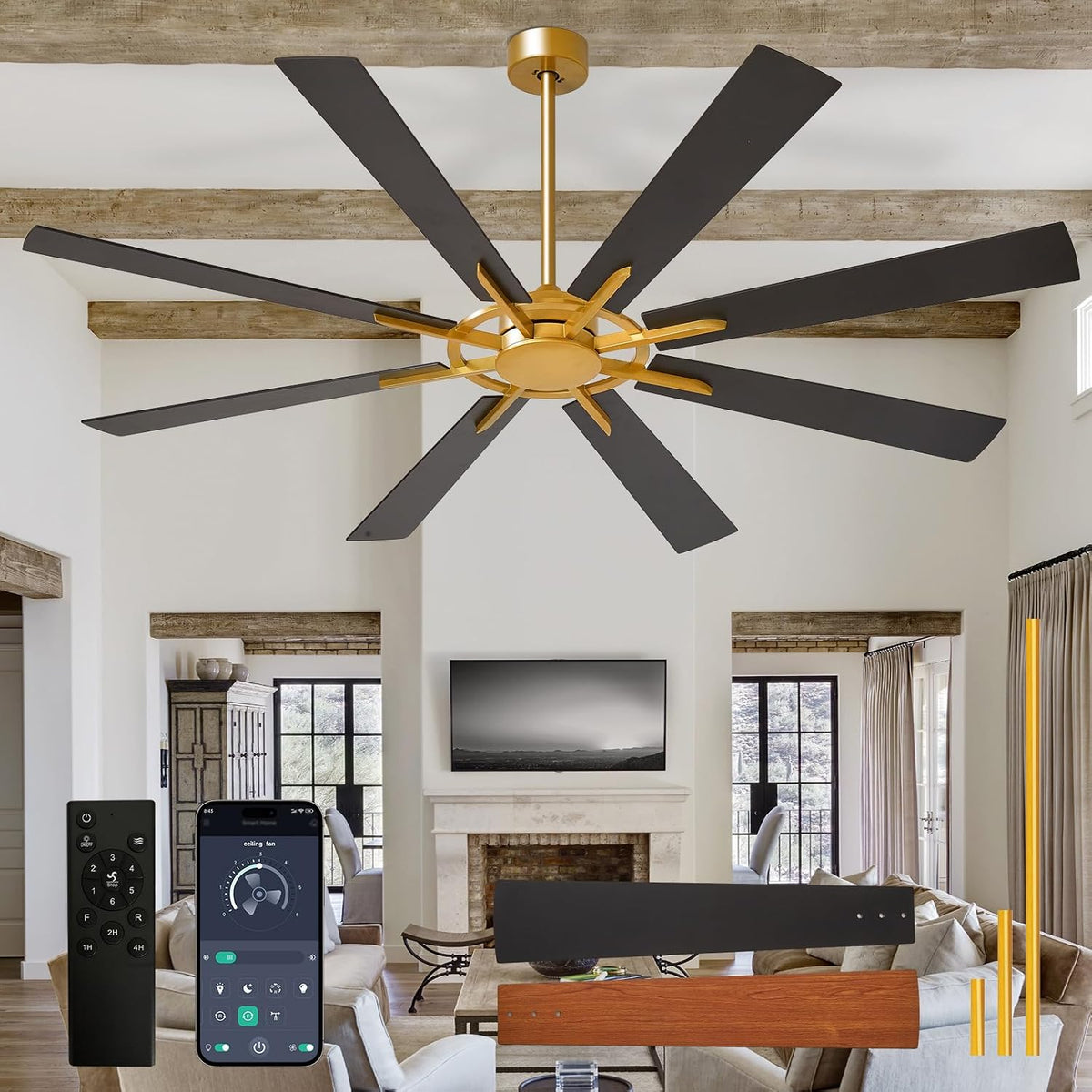 Depuley Ventilateurs de plafond avec lampe intégrée, 72 pouces, Noir/Doré