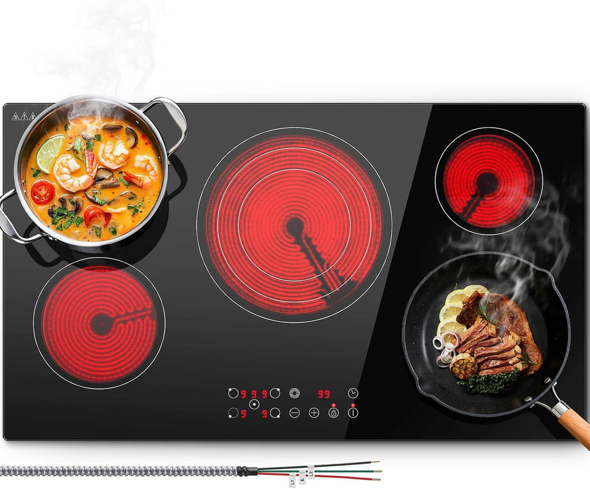 table de cuisson SNDOAS, 91,4 cm, 9000 W, 240 V, Noir, électrique, 5 brûleurs avec contrôle tactile, 9 niveaux de puissance