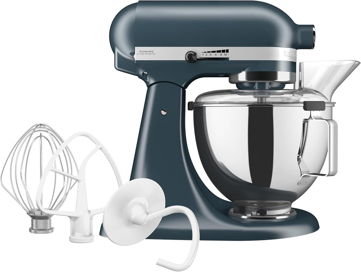 KitchenAid robot pâtissier, 4.3 L, Argenté/Bleu, Classic à Tête Inclinable, 10 Vitesses Démarrage Doux, Batteur Plat