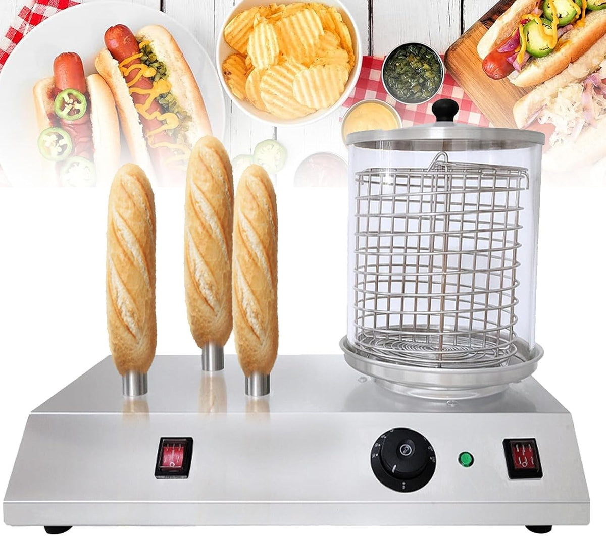 HTTGDGDH Appareils à hot dog, 501 x 278 x 370 mm, 458 W, Argent, Machine à Hot-Dogs Professionnelle, Machine à Hot-Dogs électrique en Acier Inoxydable