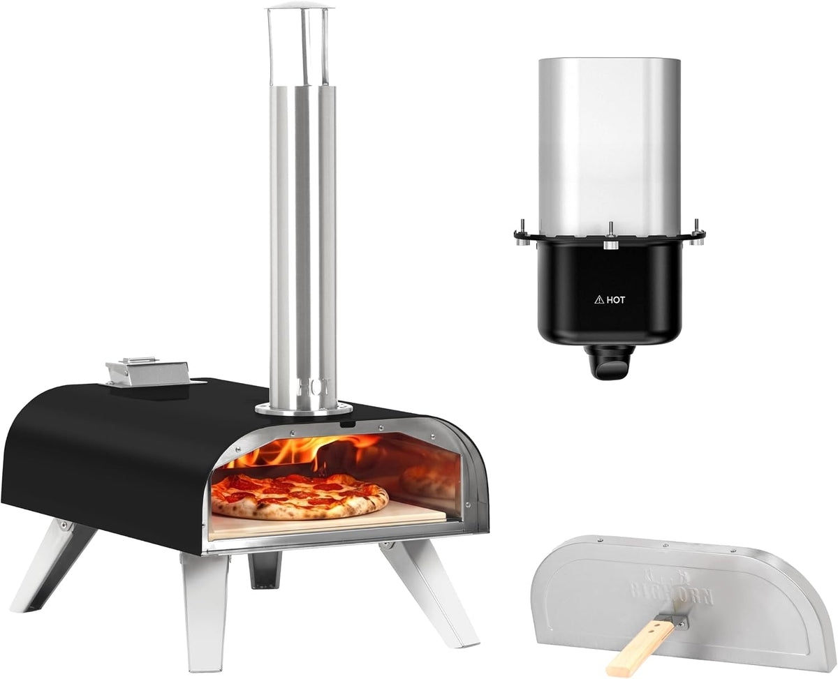 BIG HORN four à pizza, Noir, BIGHORN Portable, Granulés et Gaz, Pierre à Pizza et housette inclus