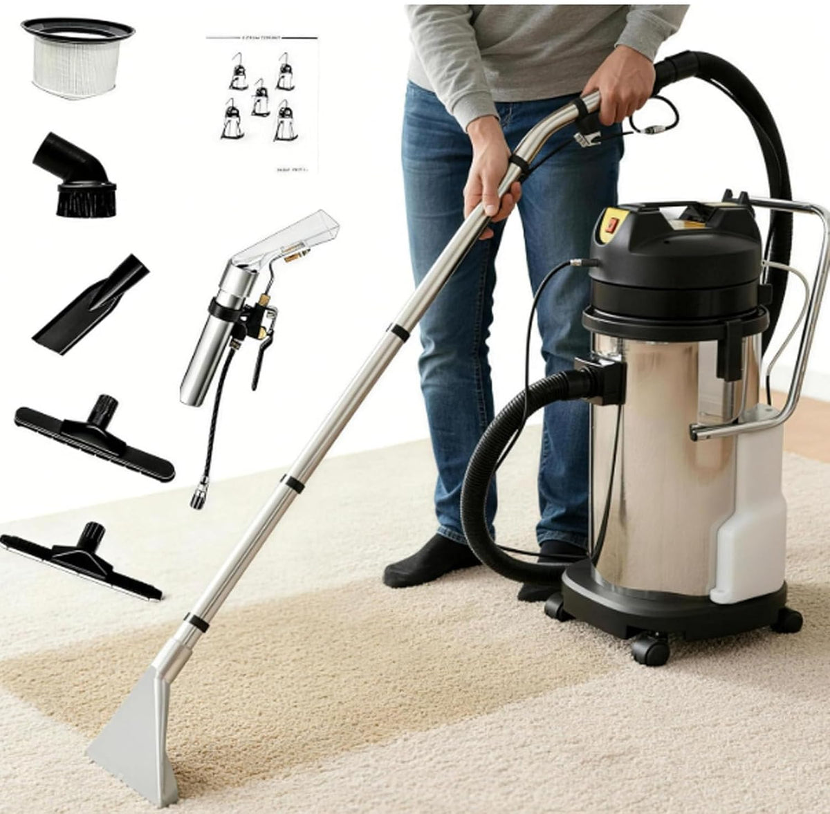 Oiyekntd nettoyeur de tapis, 60 L, Noir, Machine de nettoyage de tapis commerciale, professionnel 3 en 1 avec pulvérisation