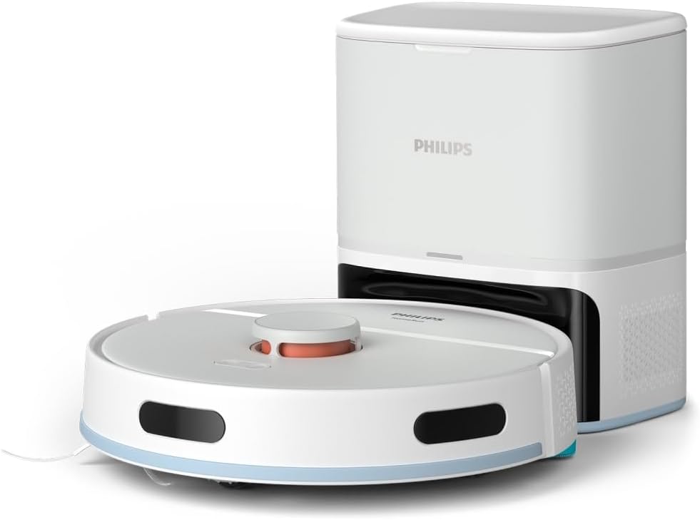 PHILIPS robot aspirateur, Blanc, 2-en-1 Aspire et nettoie, Station de vidage auto, autonomie 130 mins, Navigation radar LDS