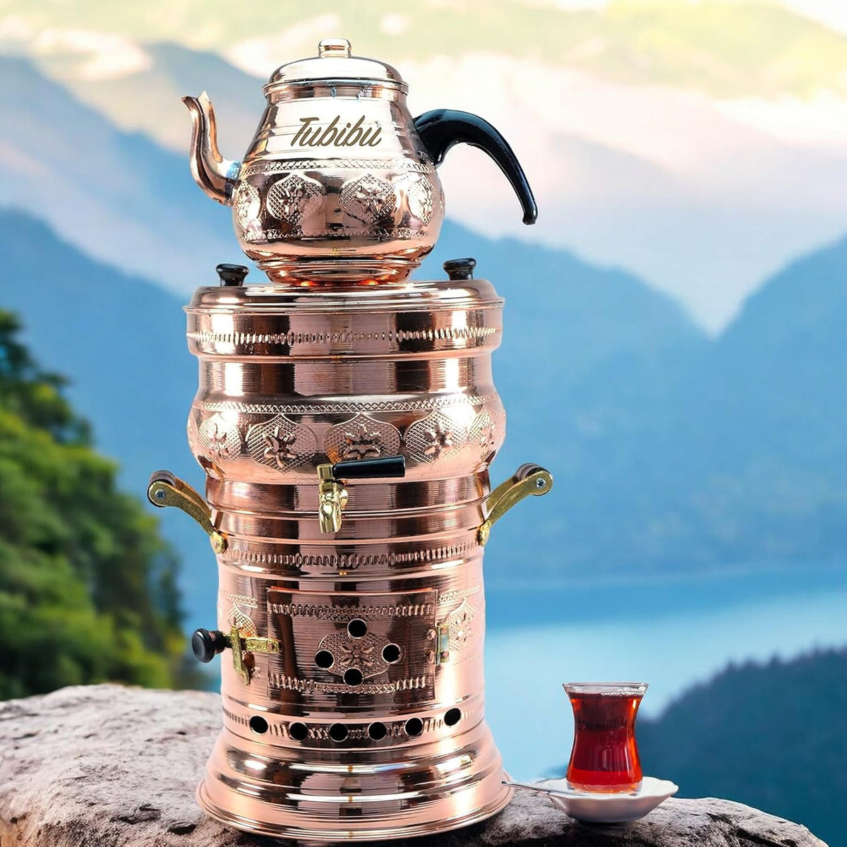 Tubibu Théières pour cuisinière, Marron, Ensemble théière Samovar en cuivre fait main au charbon de bois (cuivre