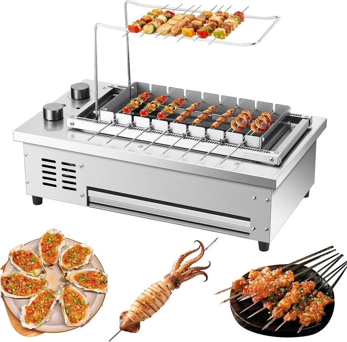 Barbecue rôtissoire, Acier inoxydable, Argent, électrique sans Fumée, Four De Saisie Rotatif Automatique, 8 Brochettes