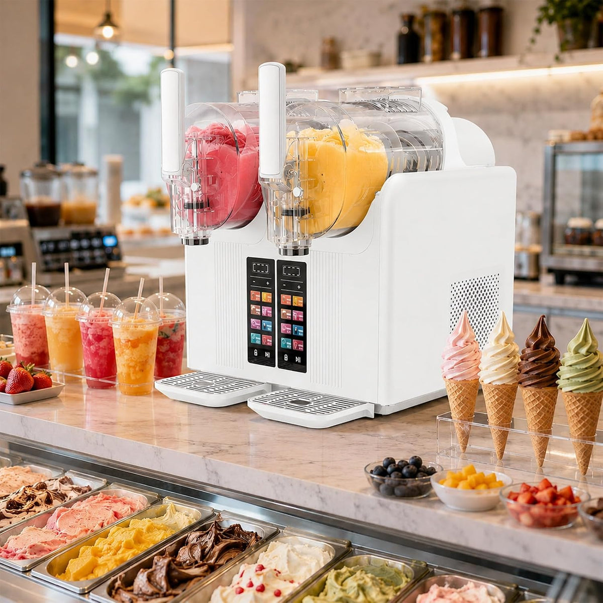 SHUMIAO sorbetière, Blanc, Machine à Slush et Glace Italienne 2 en 1, Professionnelle et Domestique 2 Cuves