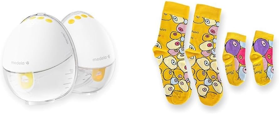 Medela Tire-laits, Gris, Bundle Motion InBra Tire-lait électrique portable + Chaussettes maman-bébé, Édition limitée par l'artiste suisse Yael Anders