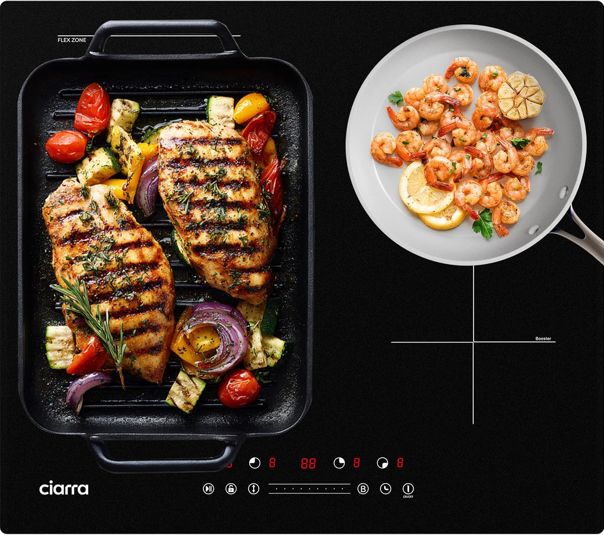 CIARRA table de cuisson, 60 cm, 7200 W, Noir, Plaque de Cuisson à Induction 4 Feux Zone Flexible, Fonction Boost