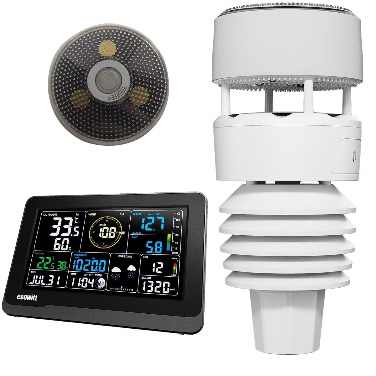ECOWITT Stations météo et baromètre, 7.5 pouces, Noir, WS3901 Station météo, 7 en 1 Unité de détection extérieure WS90