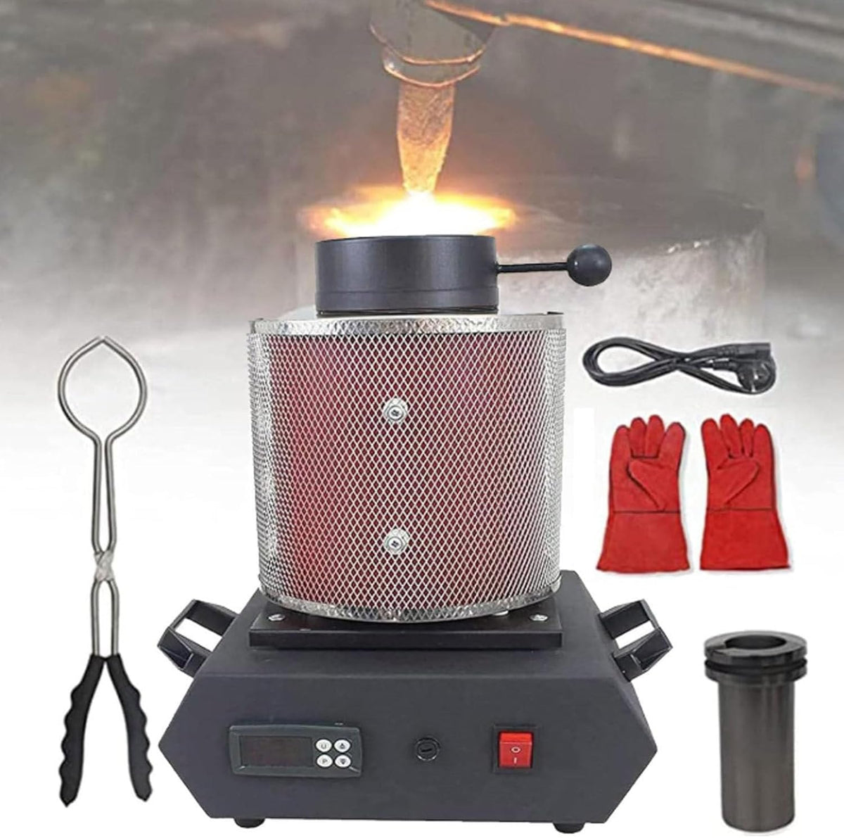 Oiyekntd Machine à fondre, 3 kg, Argenté/Rouge, Four de fusion électrique pour or et argent, outil de fonderie et de fabrication de bijoux
