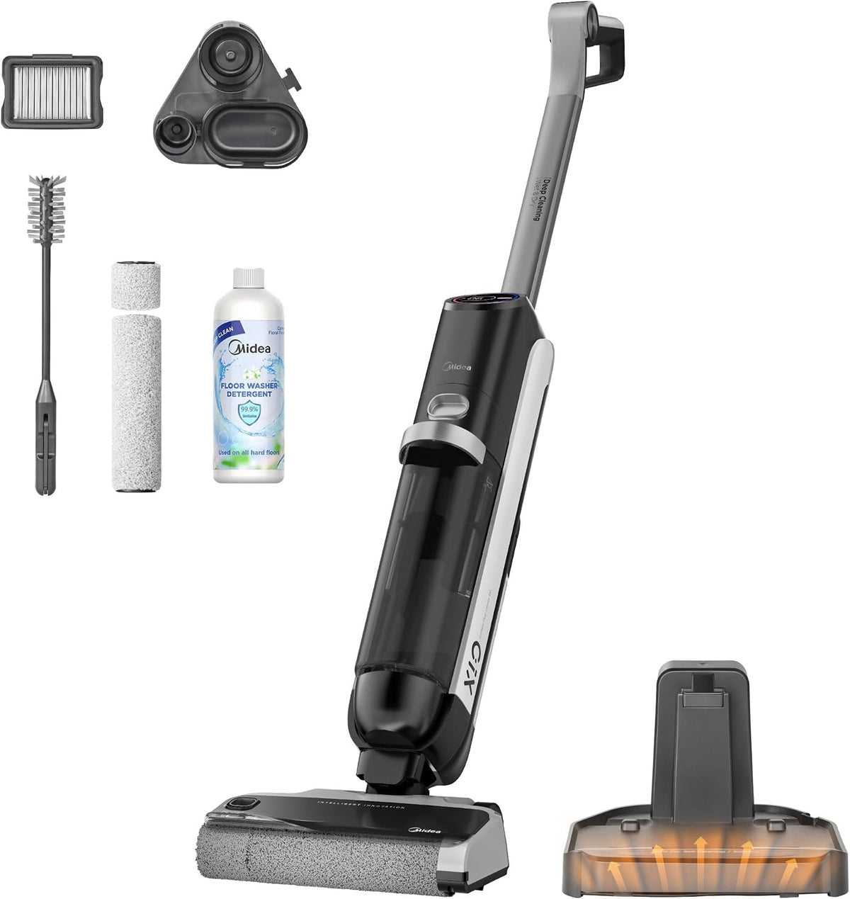 Midea aspirateur eau et poussière, Noir, X10 Smart Aspirateur Sec/Humide avec détection Intelligente, Écran LED Auto-Nettoyage pour sols durs