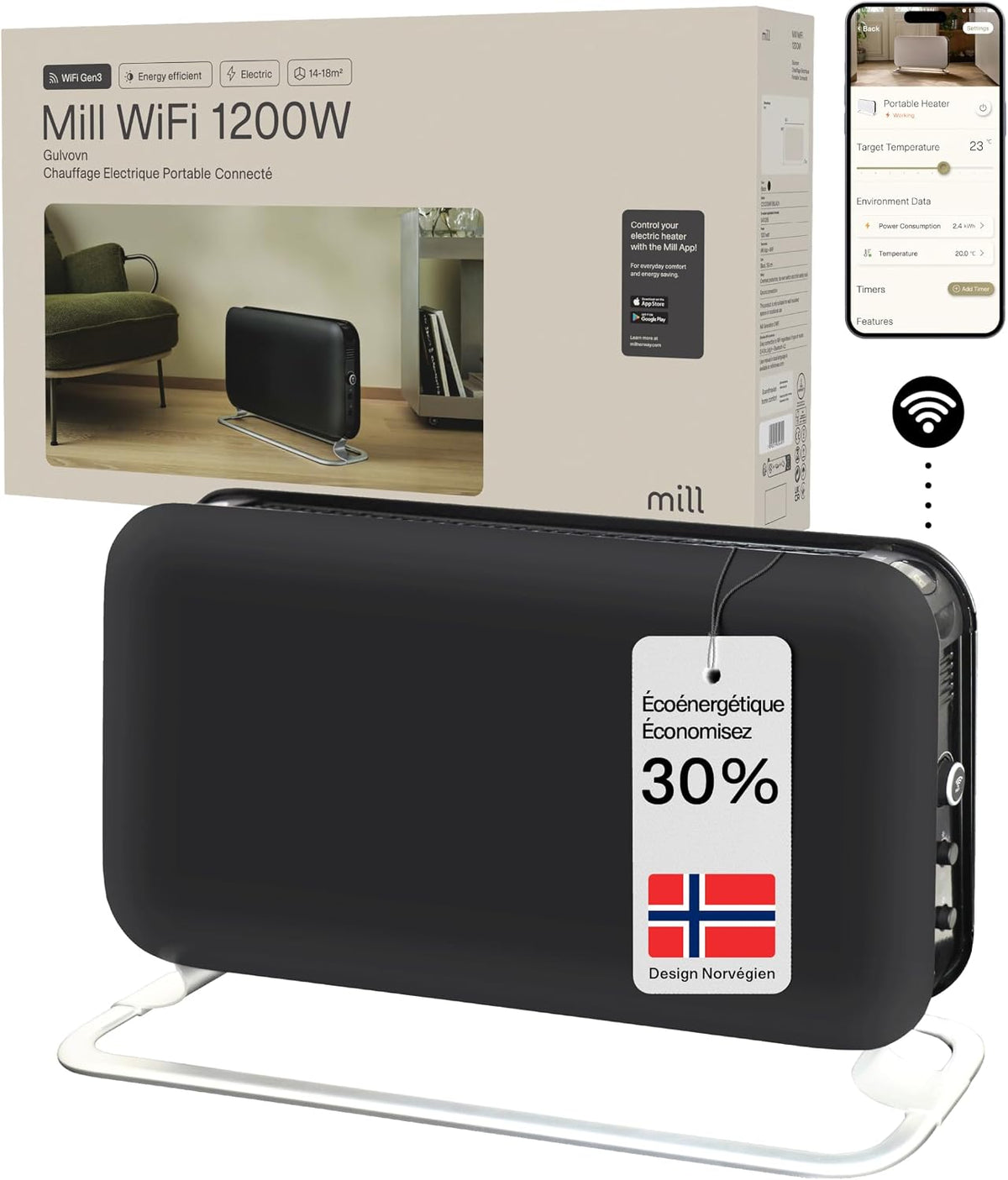Mill Radiateurs électriques, 1200 W, 18 m, Noir, Radiateur Electrique Connecté, Chauffage d'appoint economique silencieux