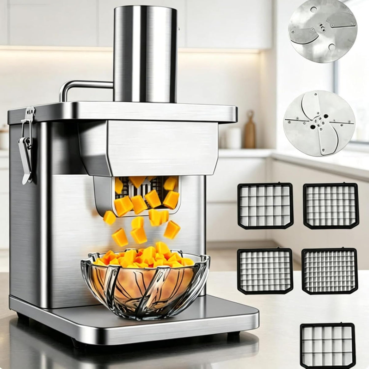 HTDRE trancheuse électrique, Moteur en cuivre pur de 250 W, 250 W, Argenté, Robot culinaire électrique Professionnel avec 5 Lames pour légumes