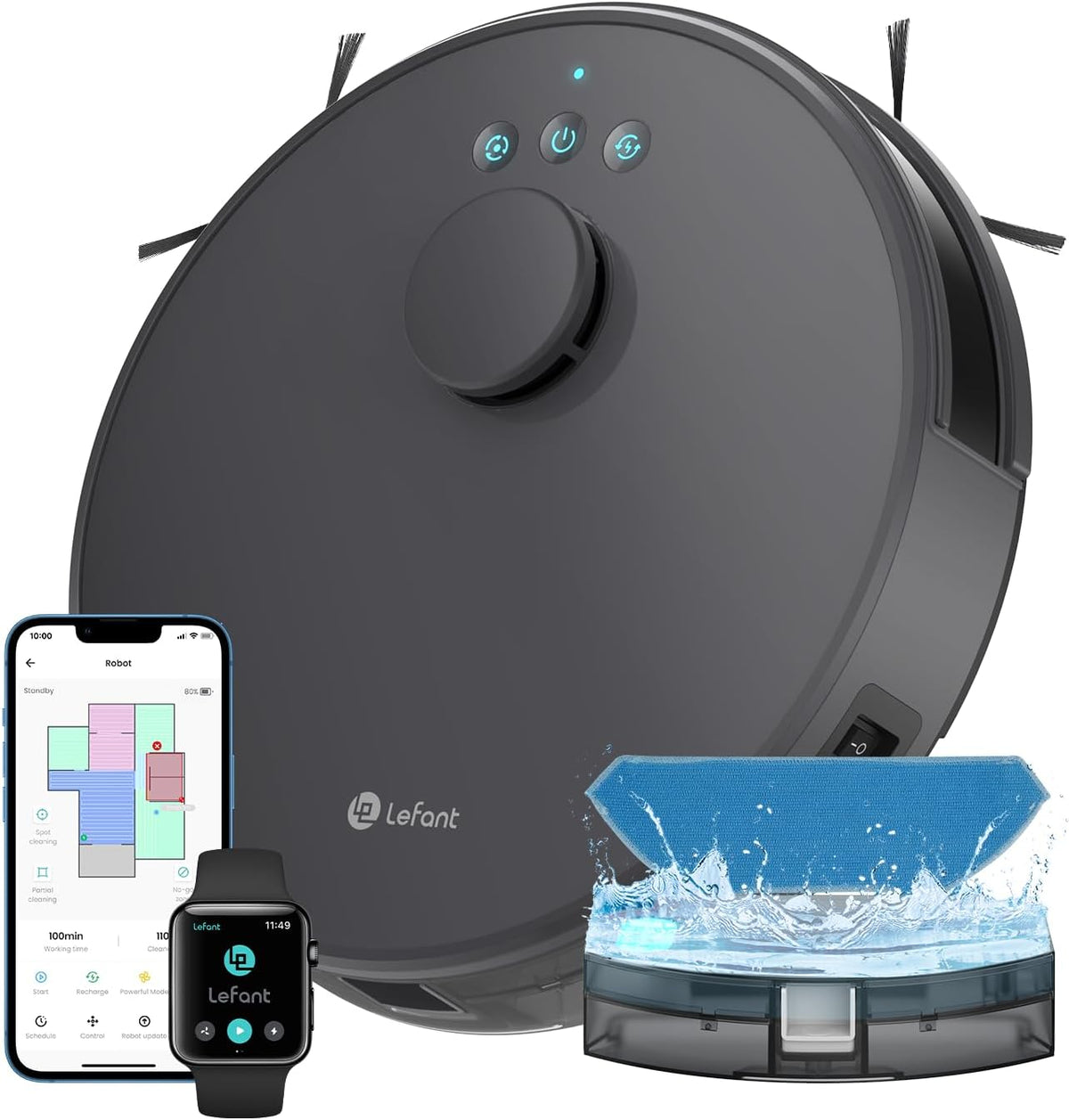 Lefant robot aspirateur, Gris, M1 Laveur 2 en 1, Navigation LiDAR, Cartographie Multi-étage, Zones Virtuelles