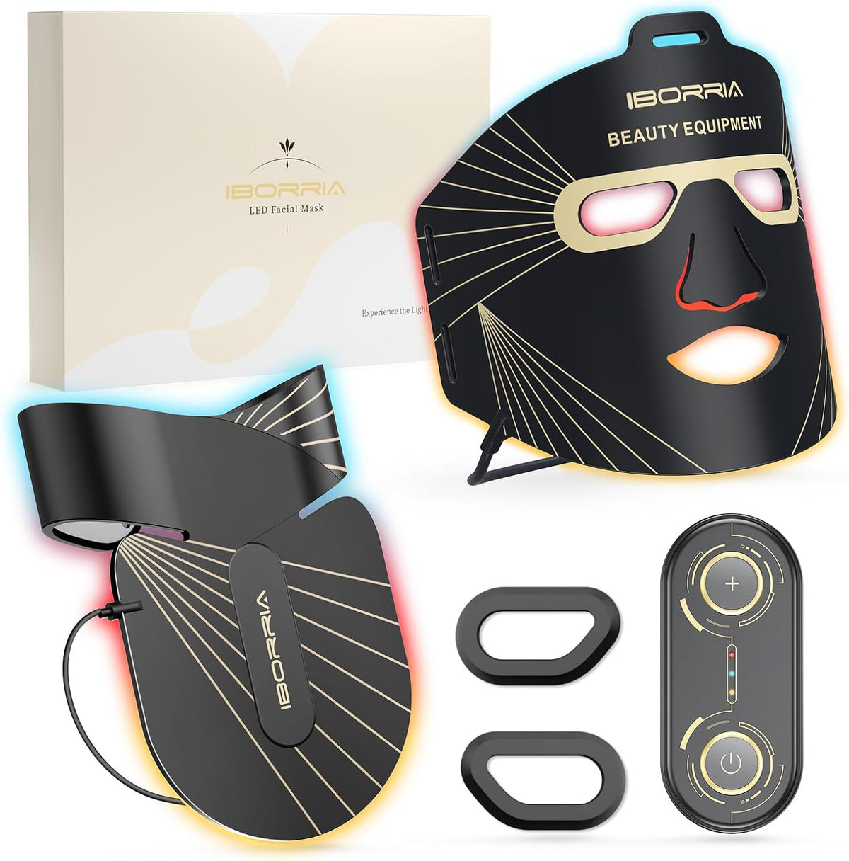 IBORRIA Masques, Noir, Masque Facial LED pour Visage, Cou et Décolletage, Thérapie Lumière Proche Infrarouge