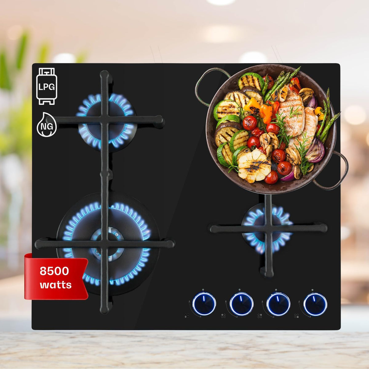 table de cuisson KLARSTEIN, 8.5 kW, Argenté, Plaque de Cuisson Gaz 4 Feux, à Gaz 4 Brûleurs, Piano Cuisine en Acier Inoxydable