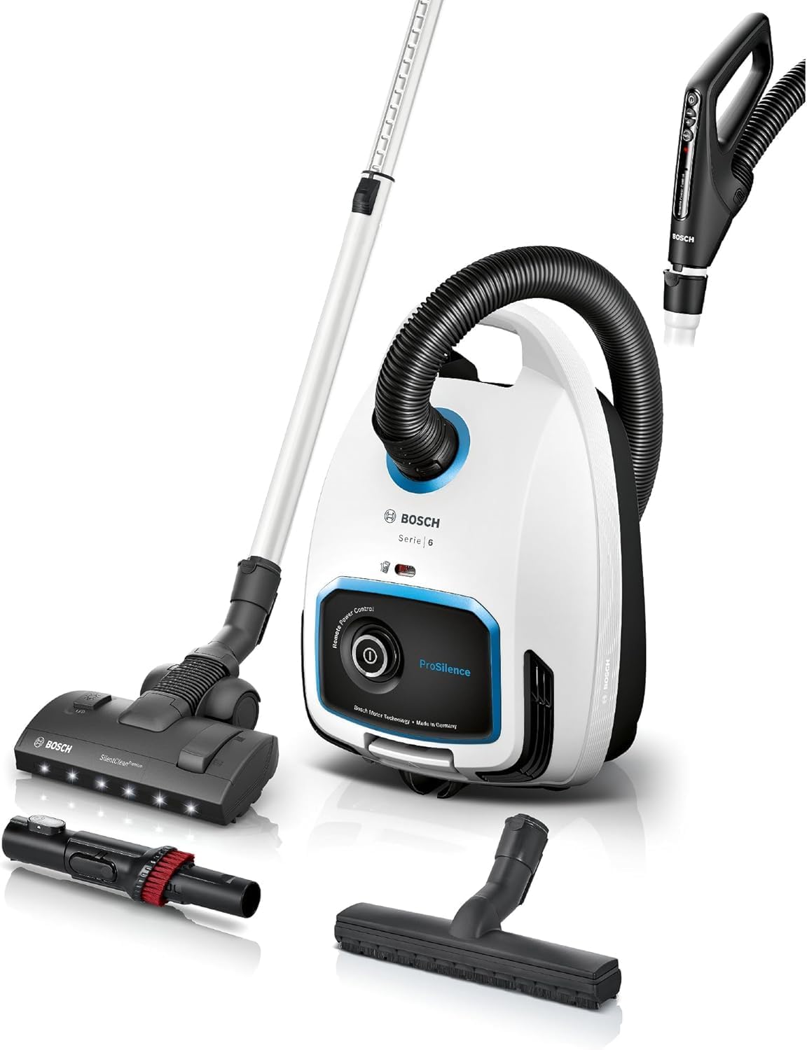 Bosch Aspirateurs à main, 66 dB, Blanc, BGB6SIL0 L, Aspirateur ProSilence, Silencieux, Filtre Hygiénique HEPA