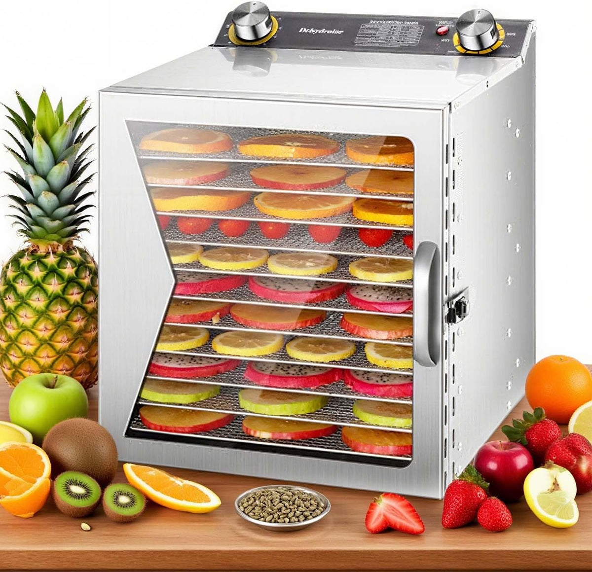 zhenmaster déshydrateur alimentaire, 400 W / 800 W, 110 V / 220 V, env. 50 dB, 800 W, Acier inoxydable 304 + verre trempé, Argenté